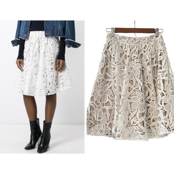 Alice & Olivia Earla Lace Skirt •0• White Nude Pockets Beige Full A Line REVOLVE - Picture 1 of 16